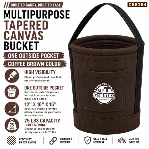 Graintex Tapered Canvas Bucket 12"x10"x15", Utility Tool Bucket One Inside Pocket, Reinforced Base & Carry Handle, Ripstop Canvas - Coffee Brown - color: Coffee Brown