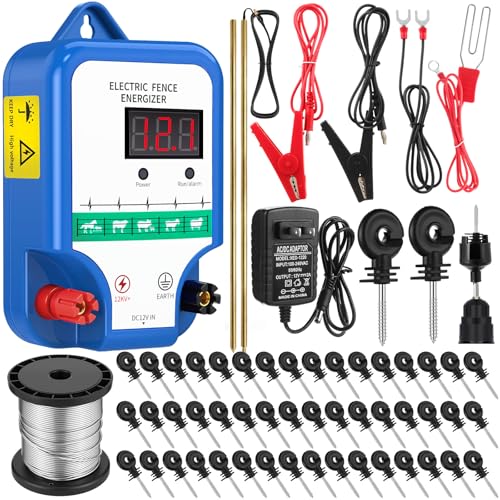 Electric Fence Kit, 8 Mile 12kV 2J Electric Fence Charger AC/DC Powered with 50 Insulators, Socket Tool, 250ft Aluminum Wire for Livestock Control(LCD Display Ver.,Blue) - style: LCD Display Ver