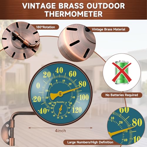 4 Inch Outdoor Thermometer and Humidity Gauge, Brass Analog Dial, Window Thermometer for Outside Temperature & Humidity Monitor, Battery-Free for Patio Garage Greenhouse Garden Wall - color: Green, size: 4 Inch