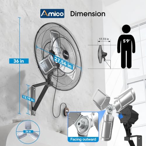 Amico 24 Inch Wall Mount Fan with Remote, IP44 Waterproof, Oscillating | 8-Speed DC Motor, Industrial High Velocity 8500 CFM, Shop Fan for Commercial Use, Gym, Patio,Garage, Outdoor - size: 24 inch