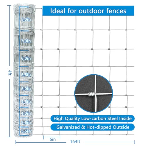 Farm Fence 4ft x 164ft Heavy Zinc Coating Cattle Fence Galvanized Field Fencing Sheep Fence Goat Fence,Hog Wire Fencing for Yard Livestock Animals Protection - size: Silver 48inx164ft