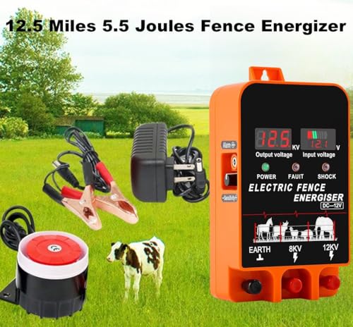 Electric Fence Energizer, 5.5 Joules 200 Acres Electric Fence Charger, AC & DC Power Supply, Output 8KV 12KV for Cattle Cow Horse Goat Pig Livestock, with Alarm and Remote