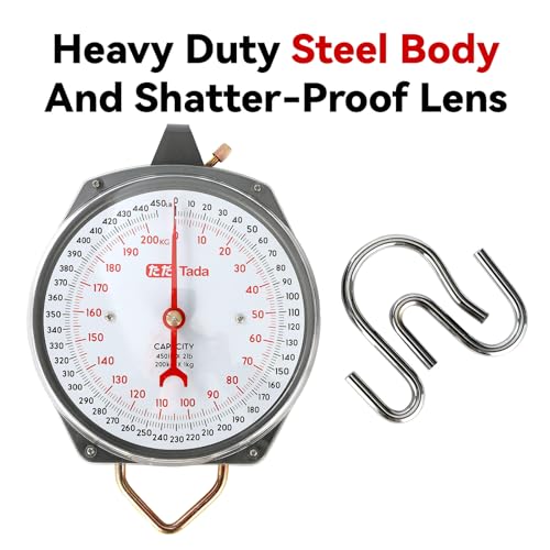 Tada Game Scale 450lb Mechanical Hanging Scale with 8 Inch Dial, Heavy-Duty Design for Kitchen, Fishing, Outdoor Use, and Farms