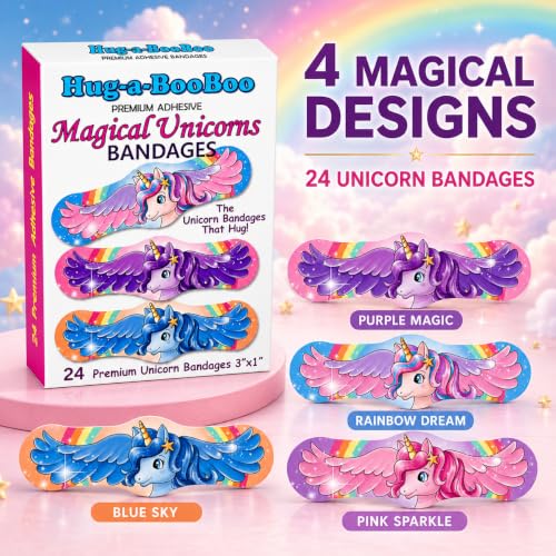 Magical Unicorns Premium Adhesive Unicorn Bandages from Hug-a-BooBoo, The Amazing Bandages that Hug! Colorful Hugging Unicorns 24 Ct Box - size: 24ct, style: Pretty Magical Unicorns