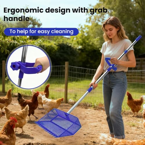 2026 Latest 12inch 2-in-1 Chicken Poop Scooper & Rake with Handle, Heavy-Duty Metal Chicken Coop Scoop for Sand Sifting Shovel Litter Scooper for Farm House Chicken Coop Cleaning Tools Accessories - color: Blue