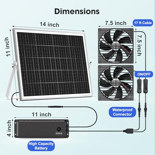Solar Fan with Battery, 7.5" Solar Fan for Greenhouse & Chicken Coop 2 Pack, Rechargeable Solar Fans for Outside, Solar Powered Exhuast Fans for Outdoor Doghouse Circulation Ventilation - size: 7.5" Fan 2 Pack Large