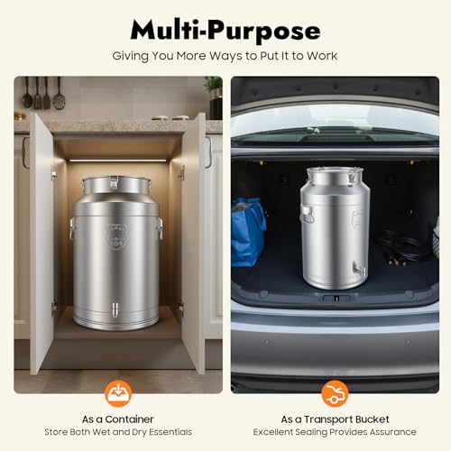 76L/20.1Gal Milk Can, 304 Stainless Steel Airtight Storage Pail with Locking Sealed Lid, Carry Handle, Heavy Duty Food Grade Bucket, Storage Container for Wine, Oil, Beverage, Home, Farm, Kitchen Use - size: 76L / 20.1Gallon