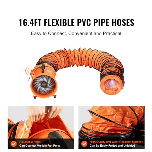 VEVOR Air Mover Blower Fan 12 in, 3198CFM 585W, Portable Ventilator, Orange | Heavy Duty Cylinder Fan with 16.4ft Flexible Duct, Industrial Exhaust Utility Blower, for Sucking Dust, Smoke, Home/Workplace - size: 12in-16ft