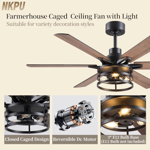 NKPU 52 Inch Farmhouse Ceiling Fan with Light and Remote, Brown Industrial Caged Rustic Ceiling Fan with 6 Speed - color: walnut