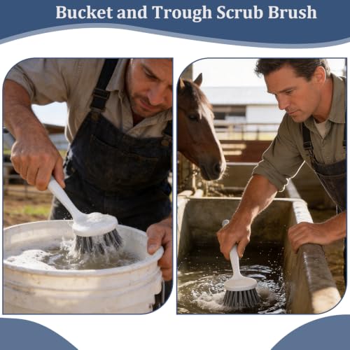 2 Pack 10.4" Horse Bucket Brush, Plastic Horse Bucket and Trough Scrubber with Gloves, Durable Utility Brushes with Non-Slip Handle for Livestock Farm Equine Water Buckets Feed Trough Cleaning