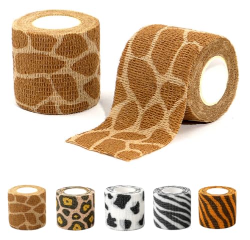 Premium Pet Vet Wrap — Non-Stick to Fur Self Adherent Bandage Wrap for Dogs, Cats & Horses, Breathable Cohesive Tape for Wounds, Paws & Legs, Animal Print Design - Pack of 2 - color: Giraffe Print