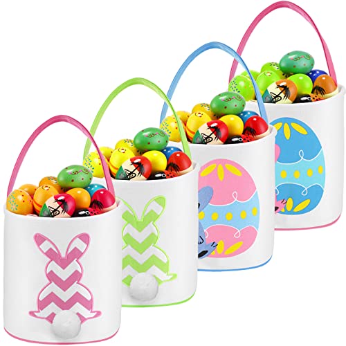 4 Pcs Easter Basket Bags Canvas Bunny Baskets Egg Bunny Tote Bag Easter Eggs Hunt Bucket Rabbit Fluffy Tails Party Celebration Toys Carry Candy Rabbits Print Buckets for Gift Sets - style: Pastel Bunny
