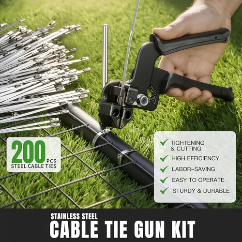 Cable Tie Gun Kit, 201-Piece Set 11.8 Inch 304 Stainless Steel | Includes 200 Ties with Tightening Tool for Chain Link Fence, Chicken Coop, Farm, Garden and Outdoor Installation Projects
