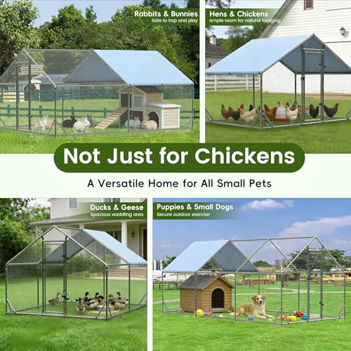 EUNHOO Large Metal Chicken Coop, 13x9.8x6.4ft Walk-in Poultry Enclosure with Peaked Roof and Waterproof Cover, Spacious Outdoor Chicken Run Cage for Backyard,Farm,Yard