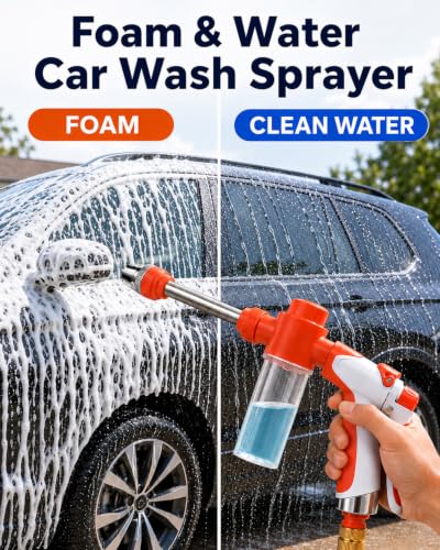 High Pressure Hose Nozzle with Soap Dispenser for Garden Hose | With Adjustable Spray Patterns,3.3 Oz Soap Bottle,Stainless Steel And TRR,For Car Wash, Fit 1/2" and 3/4" Hose