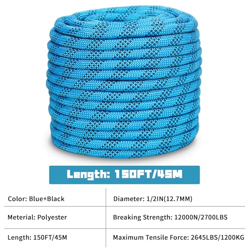 1/2 Inch 150ft Double Braided Polyester Arborist Rope, Heavy Duty Nylon Rope for Anchor, Tree Work, Cargo, Pulling, Sailing (Blue) - size: 1/2in x 150ft, style: Blue