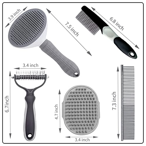 5PCS Grooming Kit for Dog,Puppy- Deshedding & Slicker Brush for Short-Haired Pets, Flea Comb and Grooming Comb Set Grey - color: Grey