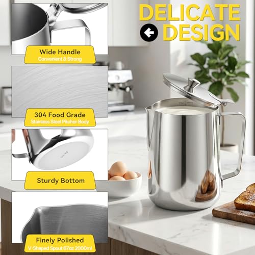 Stainless Steel Pitcher with Lid, 70 oz Metal Measuring Cup with Marking with Handle, 2 L Large Mouth Graduated Beakers, Milk Frothing Jug for Latte Art, Iced Tea, Espresso Machines, Water