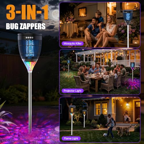 Rossetta Solar Bug Zapper Outdoor, Fly Zapper with Flame & Projector Light | 4200V Shock Grid, Solar & USB Charging, IPX5 Waterproof, Auto Mode, Cordless Electric Mosquito Killer for Patio, Garden - color: Black