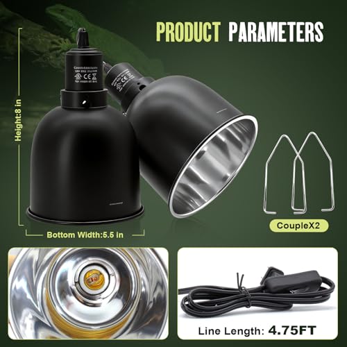 2-Pack Reptile Light Fixture 5.5in Deep Dome Reptile Lamp Fixture Heat Lamp Fixture for Heat/UVA/UVB Bulb Basking Lamp Max 160W for Reptile Habitat