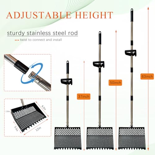 12Inch Chicken Poop Scooper 2-in-1 Coop Scoop with Adjustable Stainless Steel Handle (24-64'') Chicken Coop Rake Sand Sifting Chicken Coop Shovel for Farm Livestock Cleaning Tool