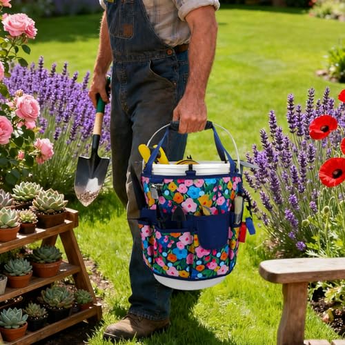 KUNN 18-Pocket Bucket Tool Organizer | Heavy-Duty 5 Gallon Bucket Caddy with Hangable Handle | Gardening Tool Bag & Garden Caddy Accessory for Gardeners, Blue - color: Blue Bloom