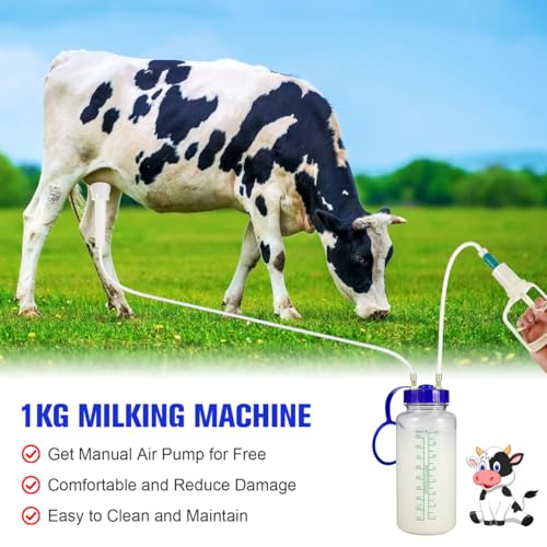 YARNOW Manual Goat Milking Machine Portable Cow Milker Kit, 1L Hand Vacuum Pump Sheep Milking Equipment for Small Farm, Cattle Extractor with Clear Bottle & Cleaning Brushes