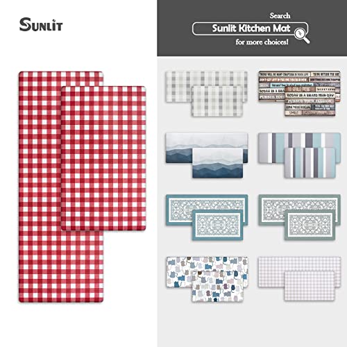 Sunlit Set of 2 Anti Fatigue Kitchen Floor Mat, Non Slip Waterproof Comfort Standing Mat, 0.4 Inch Thick Cushioned Farmhouse Kitchen Rug Runner, White Red Buffalo Check (17"x28"&17"x47") - color: Red