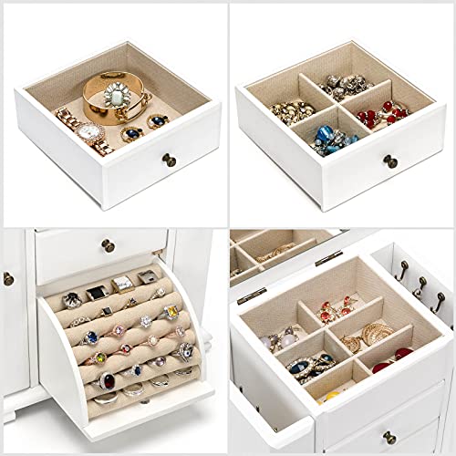 Emfogo Jewelry Box for Women, Rustic Wooden Jewelry Boxes & Organizers with Mirror, 4 Layer Jewelry Organizer Box Display for Rings Earrings Necklaces Bracelets (Weathered White) - color: Weathered White