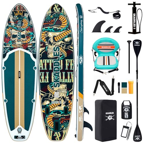 10’6’’ Inflatable Stand Up Paddle Board (SUP) for Adults and Youth with Non-Slip Deck – Complete Accessories Kit, for Fishing, Yoga, Fitness & Family Fun - color: Retro Skullz/seat