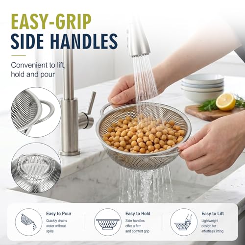 Palksky Small Colander Set of 2, 800 mL / 0.85 Qt Stainless Steel Mini Colanders with Riveted Handles, Footed Base & Micro-Perforations, Berry Wash Bowl for Berries, Fruits, Vegetables & Pasta - color: Small Colander 2 PCS