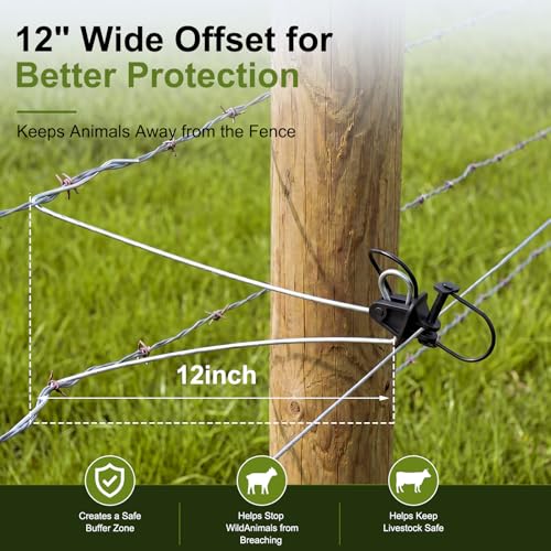 Pangda 12 Pcs 12 Inch Offset Electric Fence Wire Insulators Black Post Pinlock Insulator Post Clips for Tape Rope Electric Wire Animal Agricultural Farm Garden