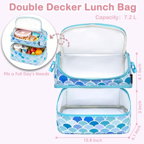 FlowFly Double Decker Cooler Insulated Lunch Bag Large Tote for Boys, Girls, Men, Women, With Adjustable Strap (Mermaid) - color: Mermaid
