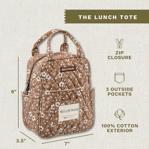 Bella Taylor Lunch Tote, Quilted Lunch Bag, Vintage Vine Brown | Lightweight quilted cotton lunch box, easy-to-clean PEVA lining, 3 outside/1 inside pocket, durable construction - color: Vintage Vine Brown