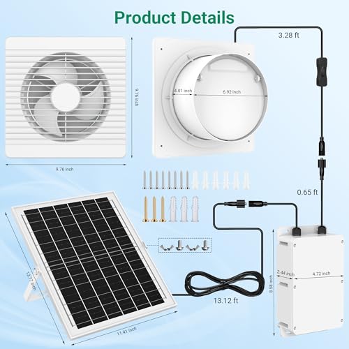 25W Solar Exhaust Fan with Battery for Chicken Coops, Greenhouses & Sheds | 9.8" Solar Powered Fan for Day/Night Use, 3200 RPM High-Speed Low Noise Waterproof Solar Fan for Outdoor, Garages & Pet House - size: 9.8 inches