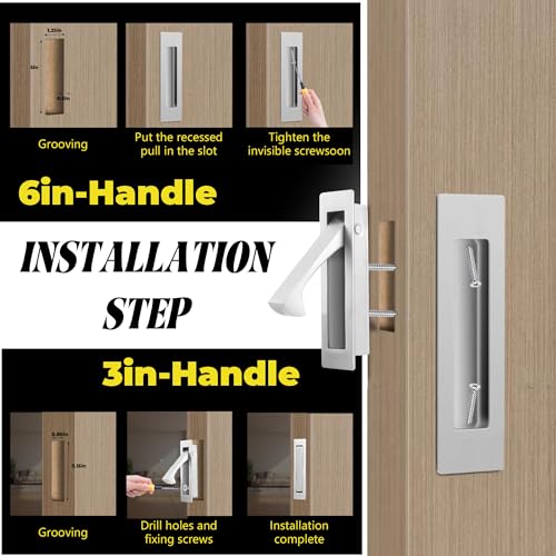 bealy Pocket Door Handles and Edge Pull Matte,304 Stainless Steel 6Inch Handles Hardware Latch,Modern Recessed Finger Flush Pulls for Closet,Sliding,Barn Door, Brushed Nickel - color: Brushed Nickel, size: 1 Set（2 Recessed Pull Handle +1 Edge Handles）