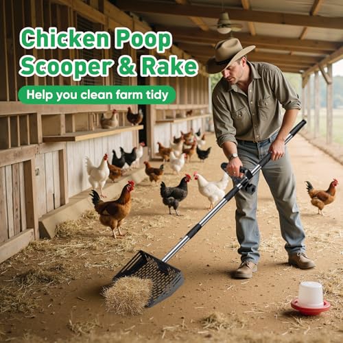 64.5 Inch Chicken Poop Scooper & Rake,for Chicken Pooper Small Farm Animal | with Adjustable Stainless Steel Handle, Ergonomic Grip, Cat Litter Scooper Sand Sifting Shovel