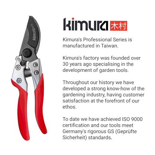 Kimura® 8" Pro Bypass Pruning Shears, Heavy Duty Japanese SK5 Steel Blades, 1 inch Cut Capacity, Non-Slip PVC Coated Handles, Lightweight & Ergonomic, Japanese Pruners, Professional Garden Clippers - size: 8"