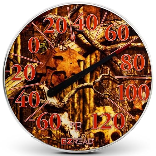 Headwind Camo 12.5 Large Hanging Dial Decorative Indoor & Outdoor Wall Thermometer – Waterproof Patio Weather Thermometer for Garden Use by EZRead - color: Brown Foliage