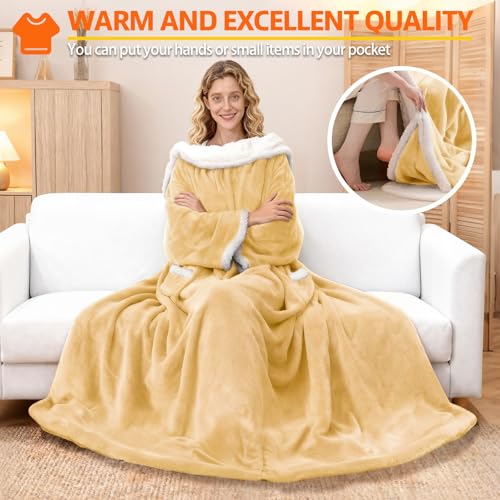 Wearable Heated Blanket With Sleeves & Foot Pocket, Heated Throw Blankets Fast Heating Blanket With 10 Heat Settings Auto Shut Off Over-Heat Protection-Warm Gift, Machine Washable, 52”*72”+18” - color: Khaki