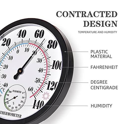 Indoor Outdoor Thermometer Large Numbers Wall Thermometer Hygrometer Waterproof Does not Require Battery 10 inch Wireless Hanging Hygrometer Garden Decoration (Black) - color: Black 10", size: 10 Inch