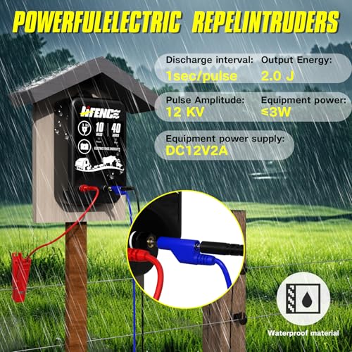 AC/DC 2-in-1 Power Supply, Electric Fence Energizer for 10 Mile Preventing Wild Animal Intrusion, 40 Acre Coverage, 12V Input, 12KV 2 Joule Output, Deter Predators, Contain Cattle, Cow and Livestock - color: BLACK-Base Model