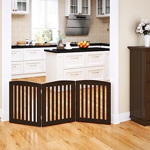 PAWLAND Wooden Freestanding Foldable Pet Gate for Dogs, 24 Inch H, 3 Panels | Dog Gate for Doorway, Stairs, the House, Step Over Fence Indoor, Extra Wide, Room Divider, Front Door, Hallway, Espresso - color: Espresso, size: 24" Height-3 Panel