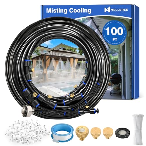 Mellbree Misters for Outside Patio 100FT/30M, Pre-Assembled Misting Cooling System with 30 Brass Nozzles & 3/4" Adapter, Outdoor Mister for Garden, Backyard, Livestock Ranch, Greenhouse, Pool Area - size: 100FT