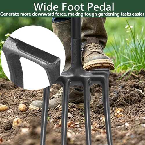 Pitch Fork, Metal Broadfork Garden Tool Long Handle, 4 Tine Mulch Hay Manure Digging Bedding Hay Potato Garden Fork Shovel for Gardening Loosening Soil Compost - size: 45"