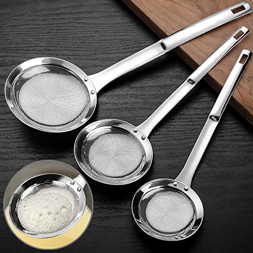 3Pack Sieve Fine Mesh Strainer Set Stainless Steel Metal Flat Cooking Skimmer Ladle Colander With Handle Food Strainer Kitchen Tools For Kitchen Baking Oil Filter Flour Sifter Foam,L M Small