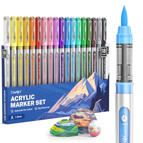 JusArt Acrylic Paint Markers Brush Tip 18 Colors, Automatic Ink Control | Water-Based Acrylic Markers for Artist, Waterproof Paint Pens, School Classroom, DIY Art & Crafts -Fabric, Wood, Rock, Metal - color: 18 Colors