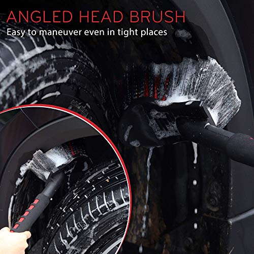 TAKAVU 17.5in Tire Brush, Soft Bristle Long Handle, Scratch-Free (Red) | Scrubs Sidewalls, Brake Dust & Wheel Wells on Cars, Trucks, RVs & Mats, Safe for Chrome & Alloy Rims - color: Red