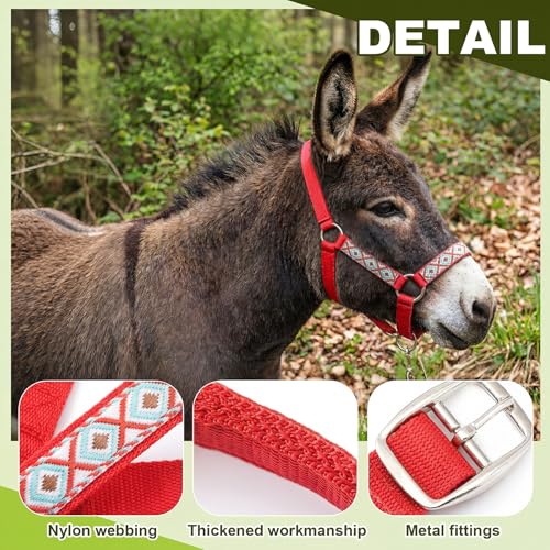 1 Set Mini Donkey Halter with Lead Rope Adjust, Red | Nylon Head Collar, Cute and Stylish, for Miniature Donkey and Small Equines, Farm Ranch Pasture Outdoor, Gingham Plaid Trim - color: Red