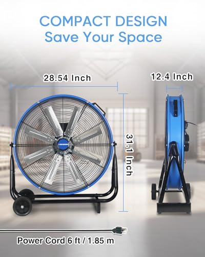 KEN BROWN 24 Inch Industrial Drum Fan, High Velocity Floor Shop Fan, Heavy Duty, 9500 CFM, 8 Blades, 3 Speeds, 360 Degree Tilt, Ideal for Industrial, Commercial, Gym, Garage Use, Blue - size: 24 inch